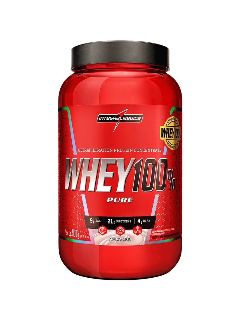 Whey 100% Pure Morango 900G Pote Integralmedica