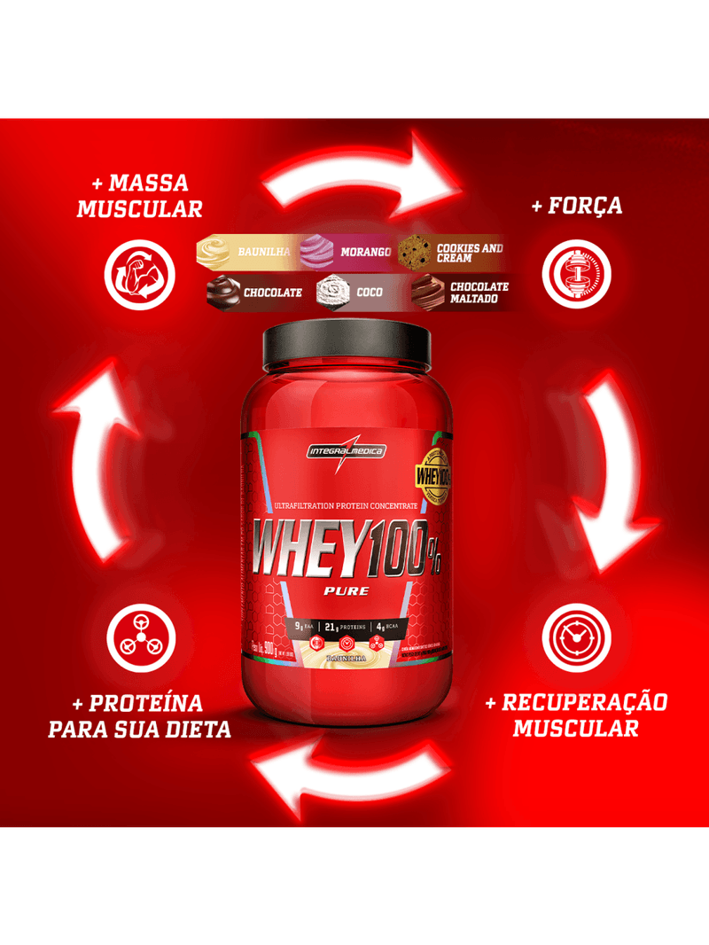 Whey 100% Pure Morango 900G Pote Integralmedica
