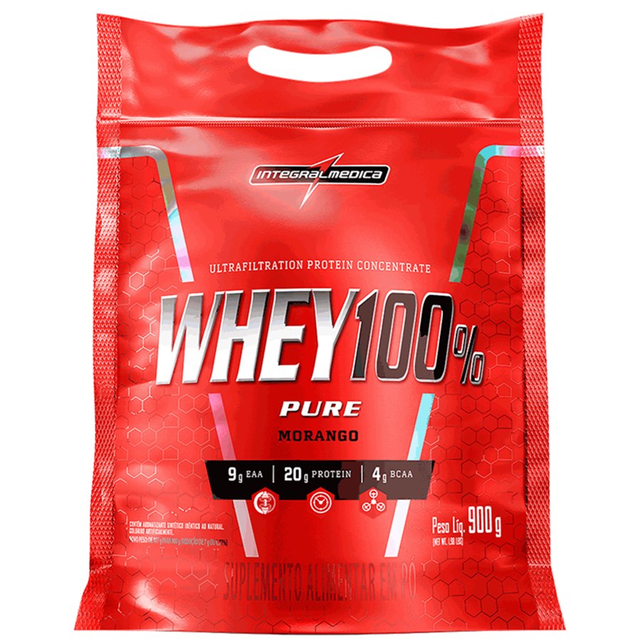Whey 100% Pure Morango 900G Pouch Integralmedica